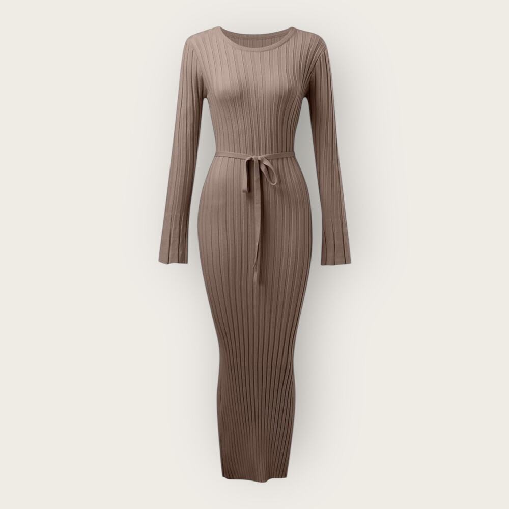 NWT | WAYF | Ribbed Knit Belted Midi Dress | Taupe | Size M